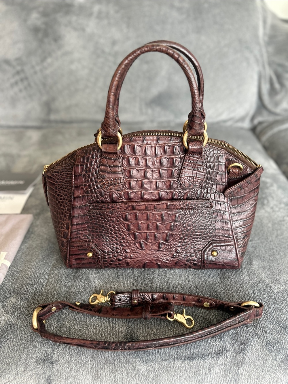 Brahmin Brown Croc Embossed Leather Shoulder Bag Tote Satchel Handbag - Picture 2 of 9